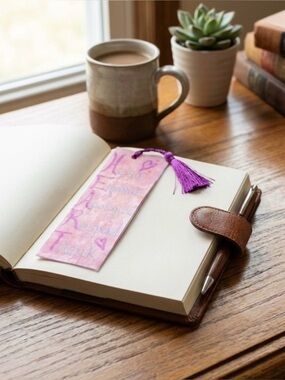Handcrafted Pink Holographic Bookmark with Purple Tassel